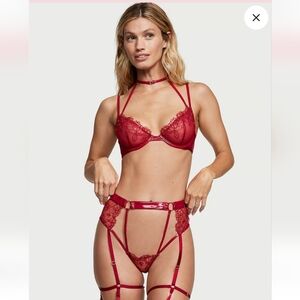 Very Sexy Midnight Affair Leather Embroidery Demi Bra & Thong Set